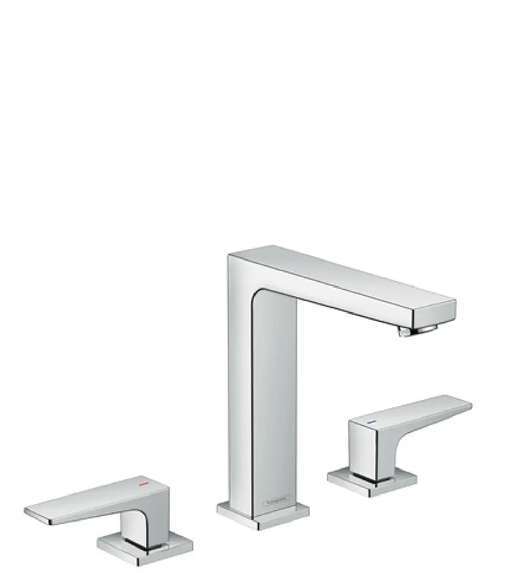 Waschtischarmatur von Hansgrohe mit drei Komponenten: ein eckiger Wasserhahn und zwei Hebelgriffe für Temperatur- und Mengenregulierung, abgeschlossen mit einer Push-Open Ablaufgarnitur.